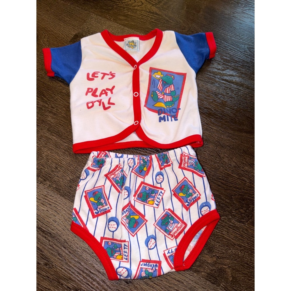 Vintage Cuties by Judy Baby Baseball Outfit Set Dino-Mite Red White Blue 12M